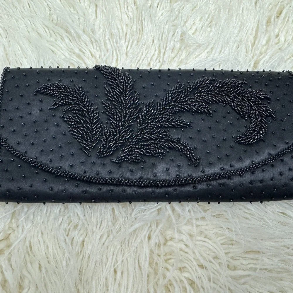 Vintage  Black Clutch  Bag Satin Beaded Event Evening Party Handmade Hong Kong